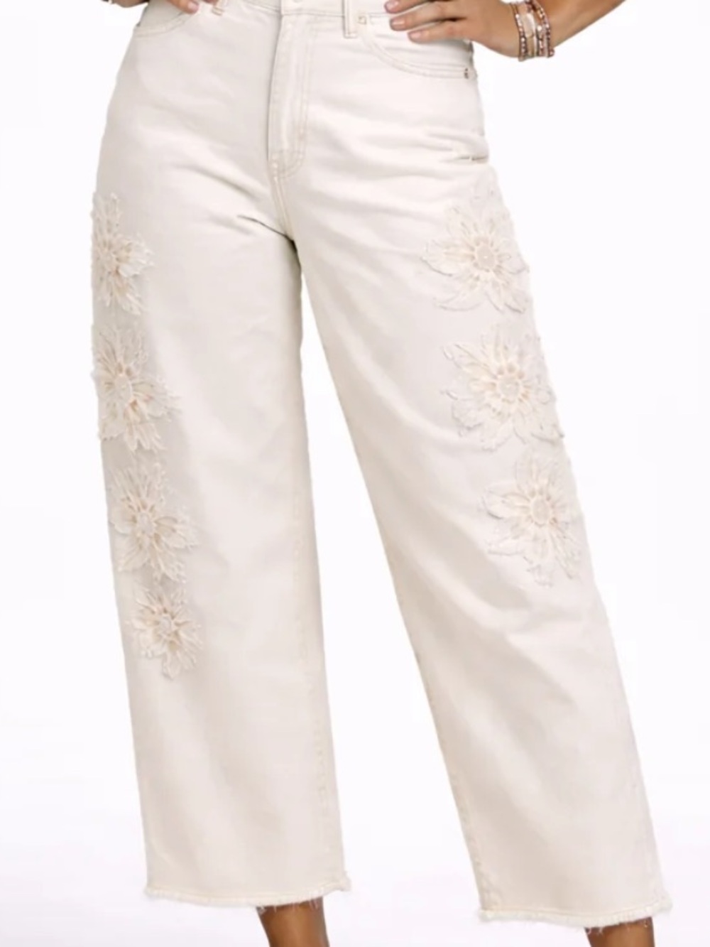 Risen Ivory Floral Embellished Barrel Jeans – Size 15/32
